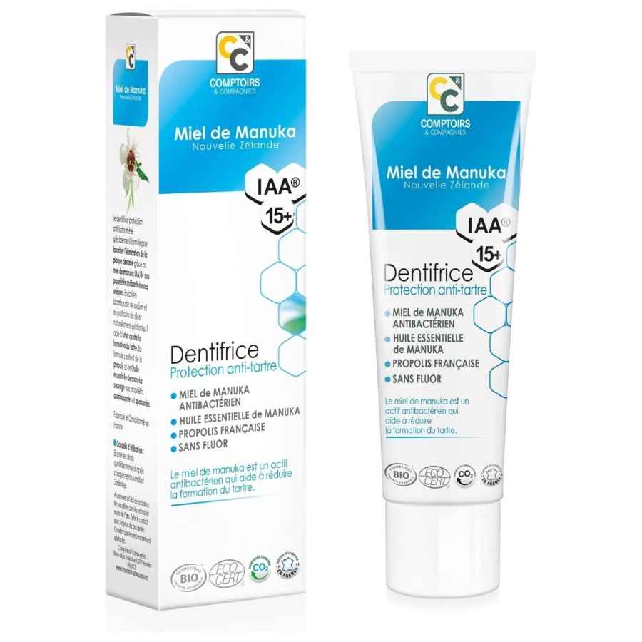 La face avant d'un tube de Un dentifrice anti-tartre au miel de manuka de 75ml de la marque Comptoirs et compagnies