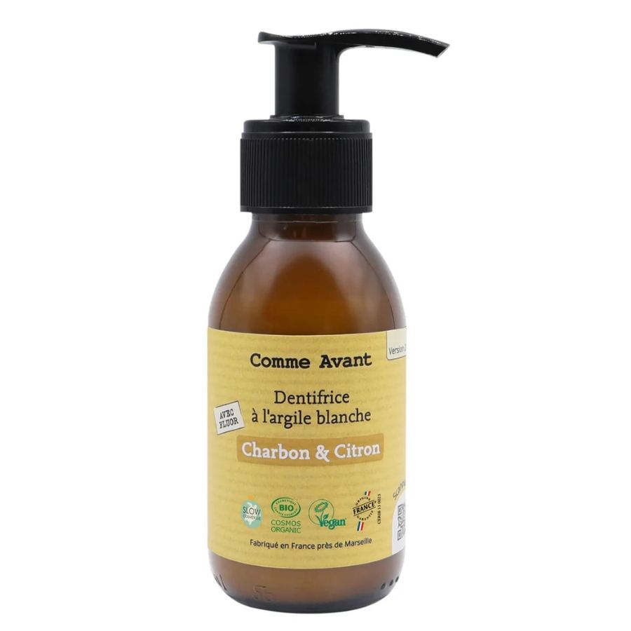 Un flacon pompe de dentifrice à l’argile blanche goût charbon & citron de 180 ml de la marque Comme Avant