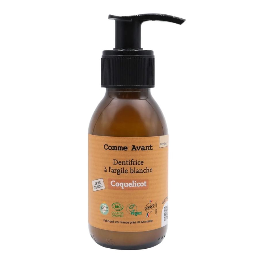 Un flacon pompe de dentifrice à l’argile blanche goût coquelicot de 180 ml de la marque Comme Avant