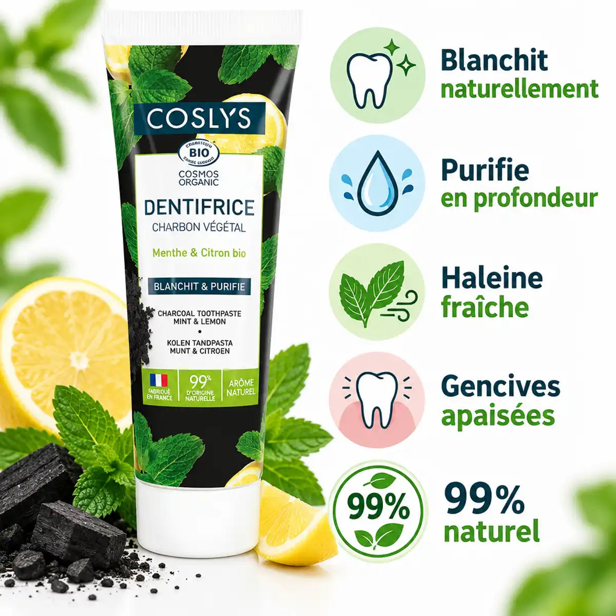 Dentifrice charbon végétal bio Coslys 100g avec bénéfices : blanchiment naturel, purification, haleine fraîche