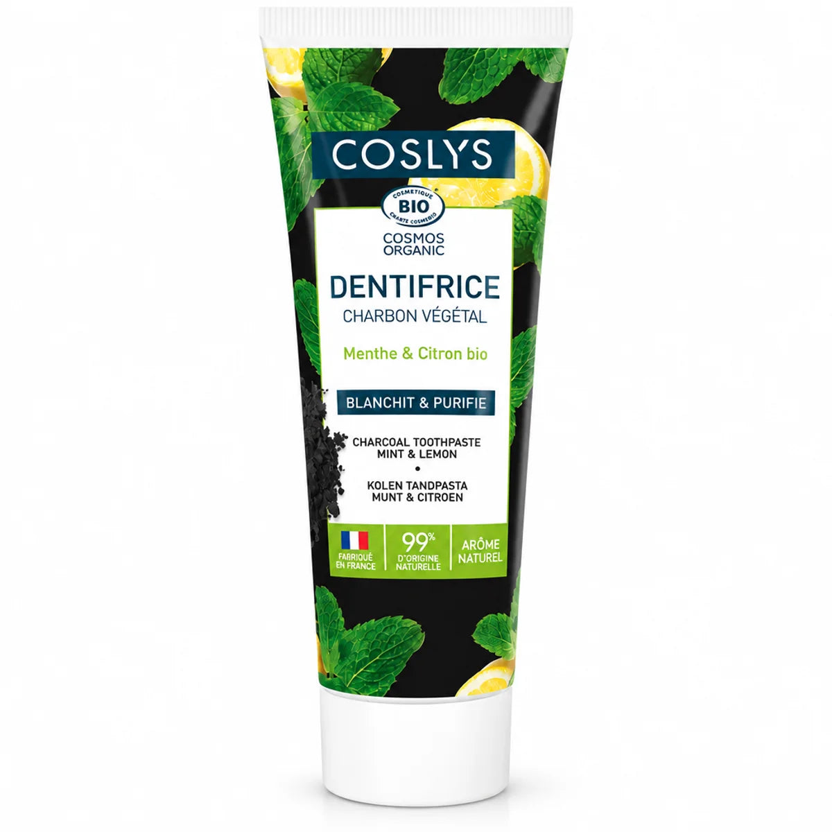 Tube de dentifrice au charbon végétal bio Coslys 100g, certification COSMOS, emballage noir et blanc avec accents verts