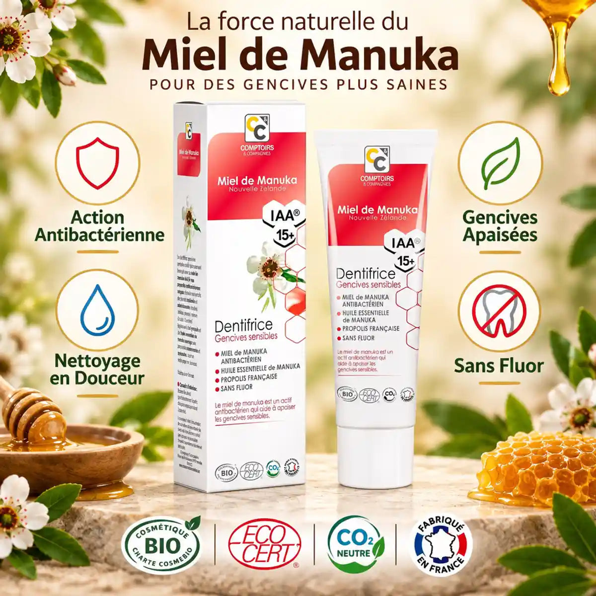 Dentifrice bio Manuka Comptoirs et compagnies avec ses bénéfices : action antibactérienne, gencives apaisées, sans fluor
