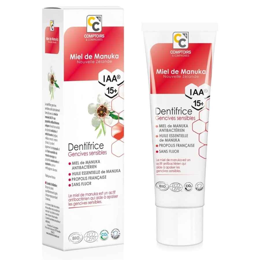 La face avant d'un dentifrice bio pour gencives sensibles au miel de manuka de la marque Comptoirs et compagnies
