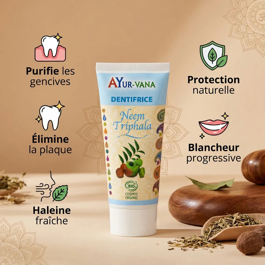 Dentifrice bio Neem & Triphala Ayur-Vana 75ml avec ses 5 bénéfices pour les gencives et la blancheur