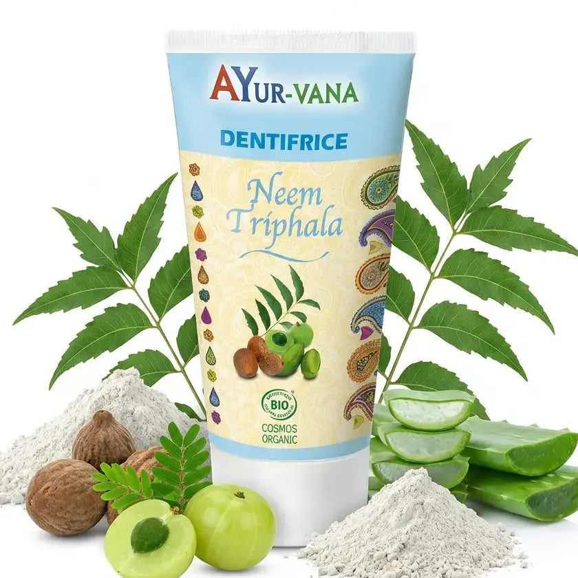 Dentifrice bio Neem & Triphala 75ml Ayur-Vana avec ingrédients naturels neem, triphala et aloe vera