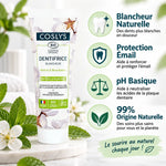 Dentifrice Coslys Menthe Bicarbonate Bio avec icônes blancheur, protection émail et ingrédients naturels