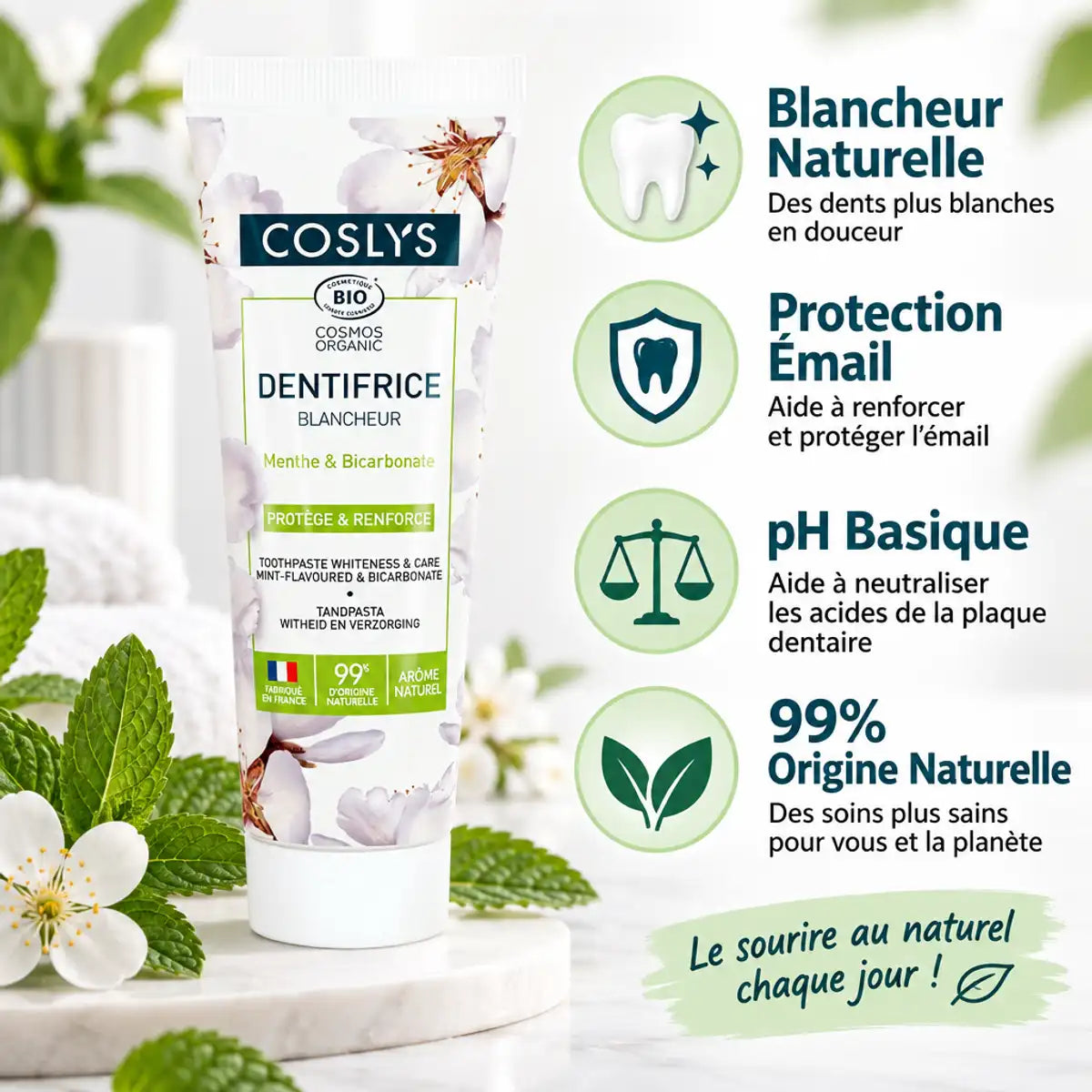 Dentifrice Coslys Menthe Bicarbonate Bio avec icônes blancheur, protection émail et ingrédients naturels