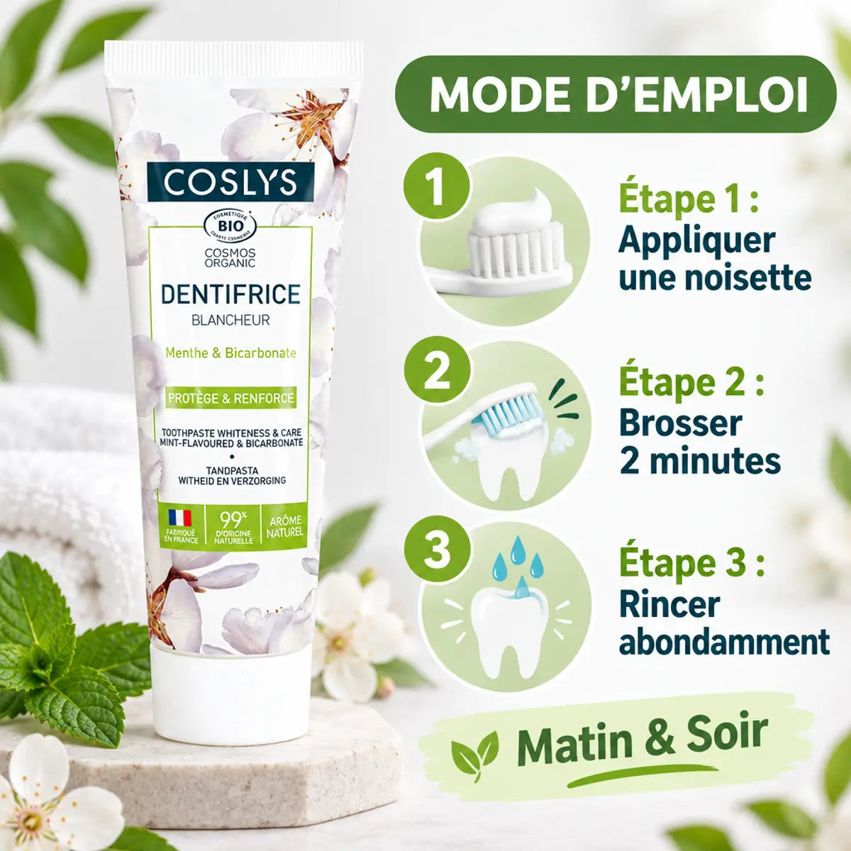 Dentifrice Menthe Bicarbonate Bio Coslys 75ml avec guide d'utilisation 3 étapes