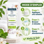 Dentifrice Menthe Bicarbonate Bio Coslys 75ml avec guide d'utilisation 3 étapes