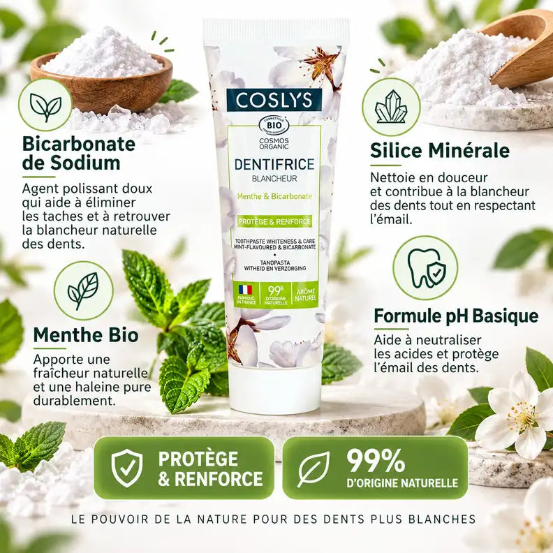 Dentifrice blancheur menthe bio Coslys 75ml avec bicarbonate de sodium et silice minérale