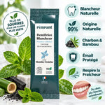 Dentifrice poudre Pimpant menthe fraîche blancheur naturelle avec icônes bénéfices sur fond blanc