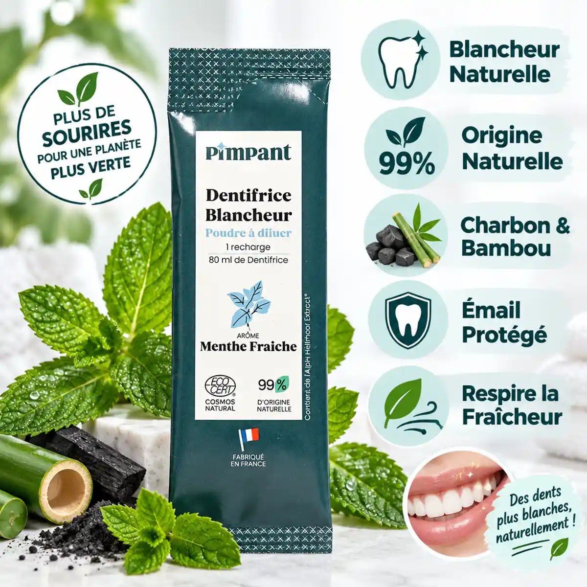 Dentifrice poudre Pimpant menthe fraîche blancheur naturelle avec icônes bénéfices sur fond blanc
