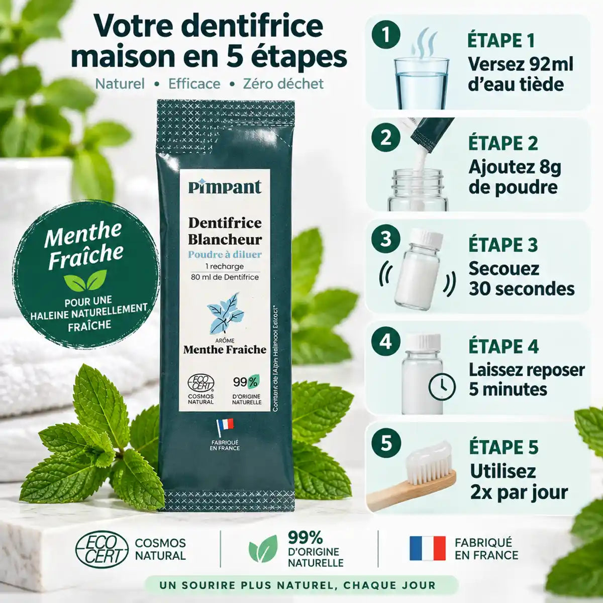 Dentifrice Blancheur Menthe Fraîche Pimpant 8g avec guide préparation et feuilles menthe fraîche