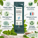 Dentifrice Blancheur Menthe Fraîche Pimpant en poudre à diluer, 8g, packaging teal sur fond blanc