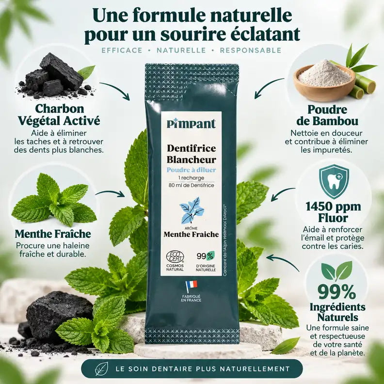 Dentifrice Blancheur Menthe Fraîche Pimpant avec charbon activé et bambou, 8g