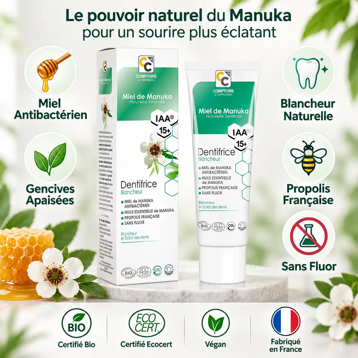 Dentifrice Blancheur Miel de Manuka IAA15+ Bio 75ml avec tube, boîte et certifications écocert