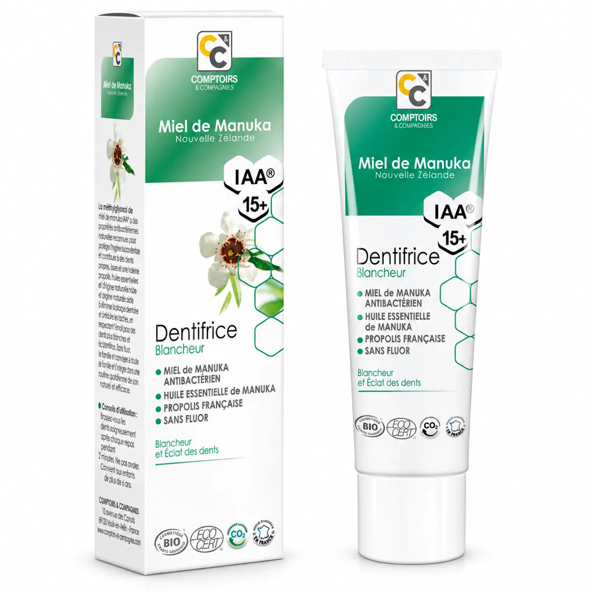 Dentifrice Blancheur Miel de Manuka IAA15+ Bio 75ml Comptoirs et Compagnies tube et boîte