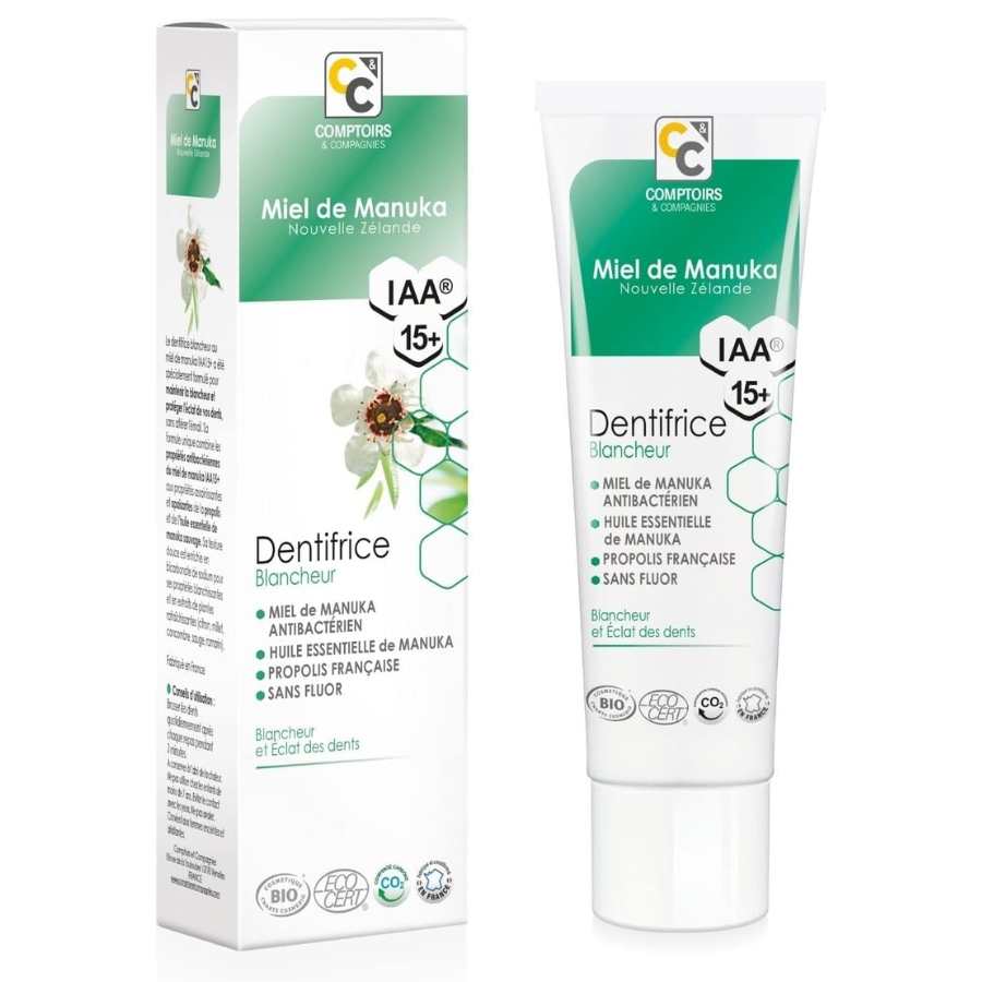 Face avant d'un tube de dentifrice blancheur au miel de manuka de 75ml de la marque Comptoirs et compagnies
