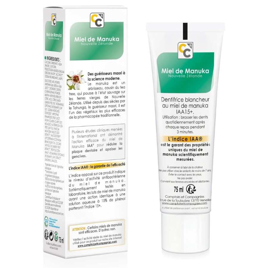 Face arrière d'un tube de dentifrice blancheur au miel de manuka de 75ml de la marque Comptoirs et compagnies