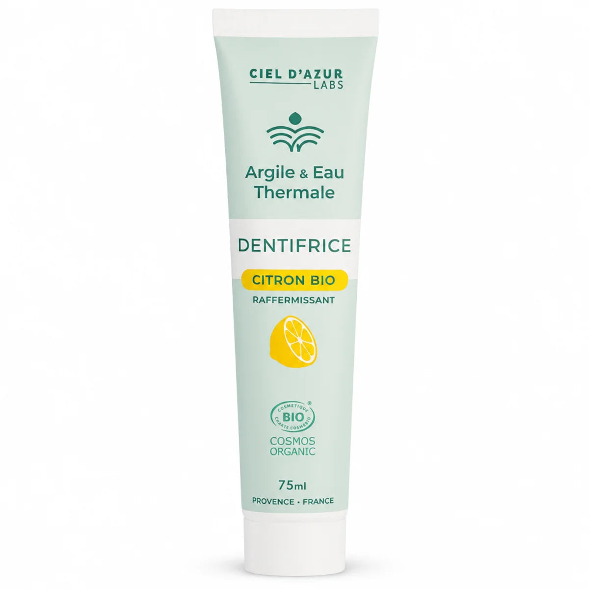 Dentifrice citron bio 75ml Argile et Eau Thermale en tube vert et blanc avec certification Cosmos