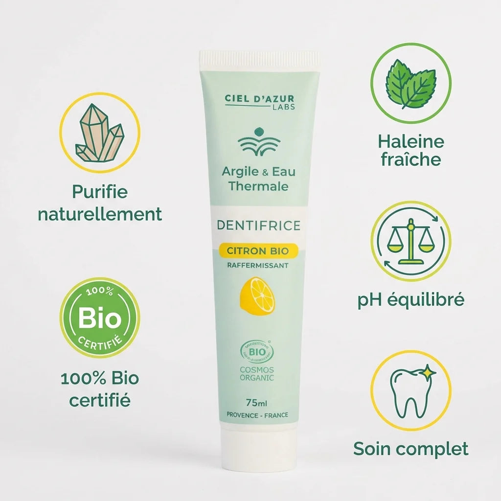 Dentifrice bio citron 75ml Ciel d'Azur Labs avec argile et eau thermale, certifié bio et naturel