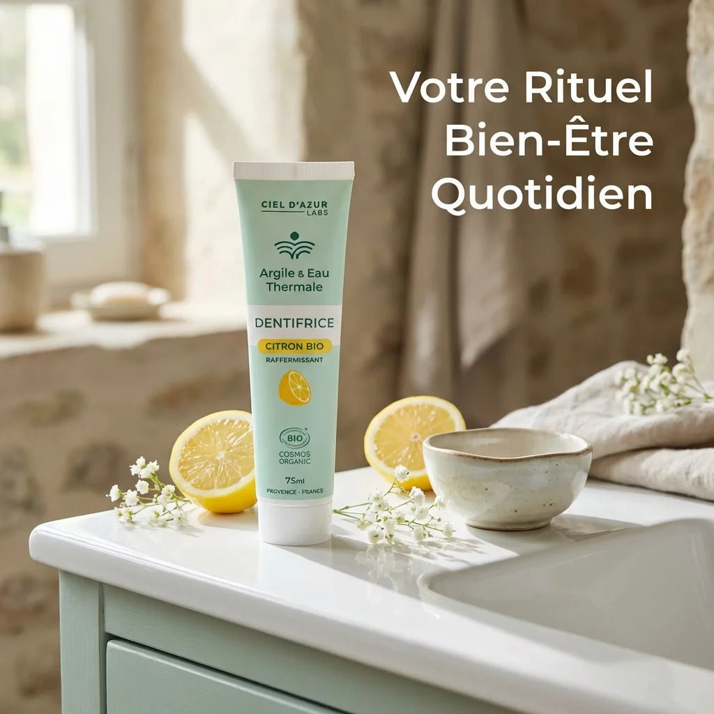 Dentifrice citron bio 75ml Argile Eau Thermale sur vanité salle bain Provençale
