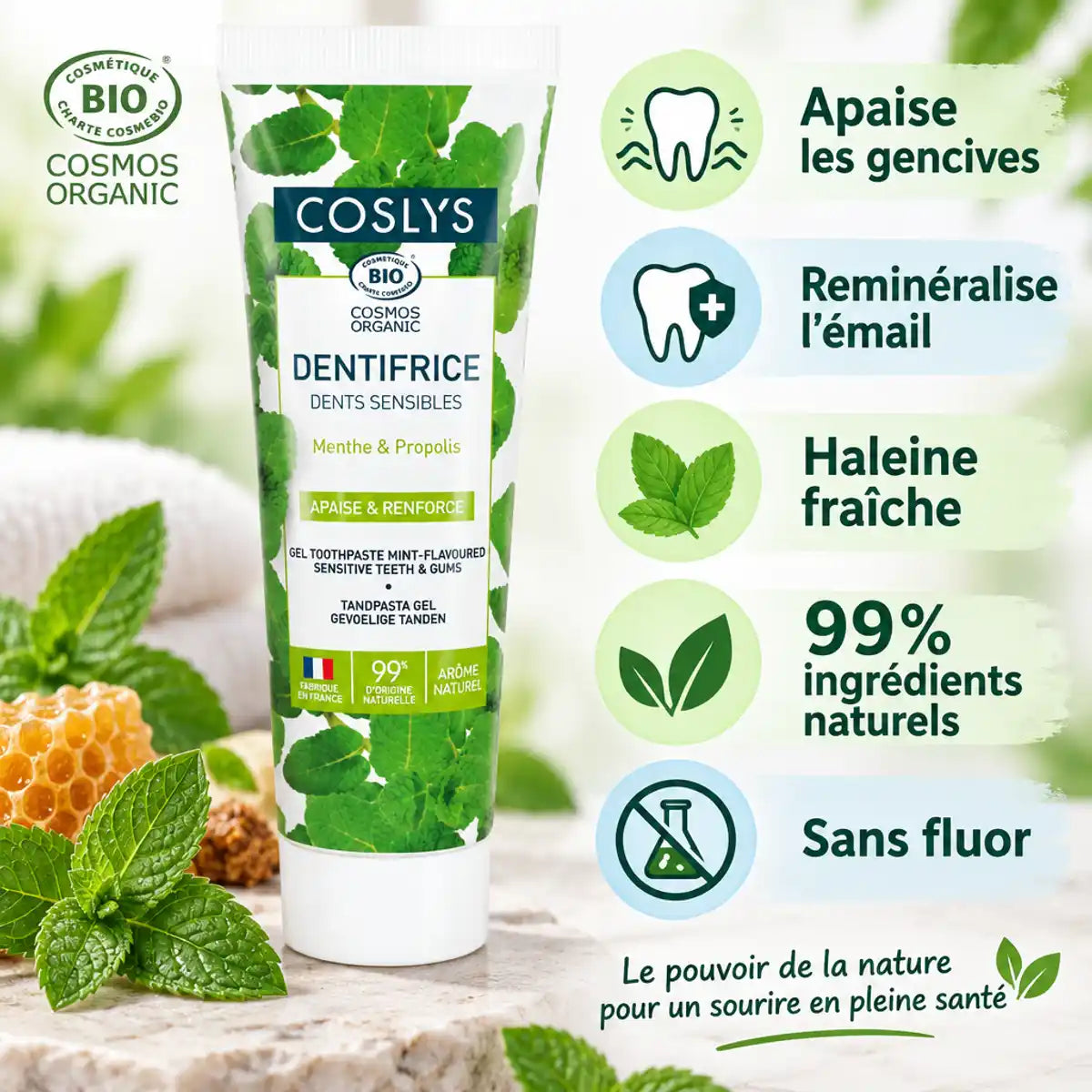 Dentifrice bio Coslys dents sensibles 75ml avec bénéfices : gencives apaisées, émail reminéralisé, sans fluor