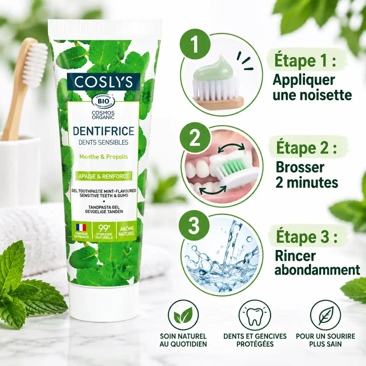 Dentifrice bio Coslys dents sensibles 75ml - guide utilisation 3 étapes avec instructions brossage