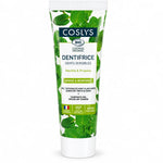 Dentifrice bio Coslys 75ml dents sensibles, tube menthe et blanc avec label bleu