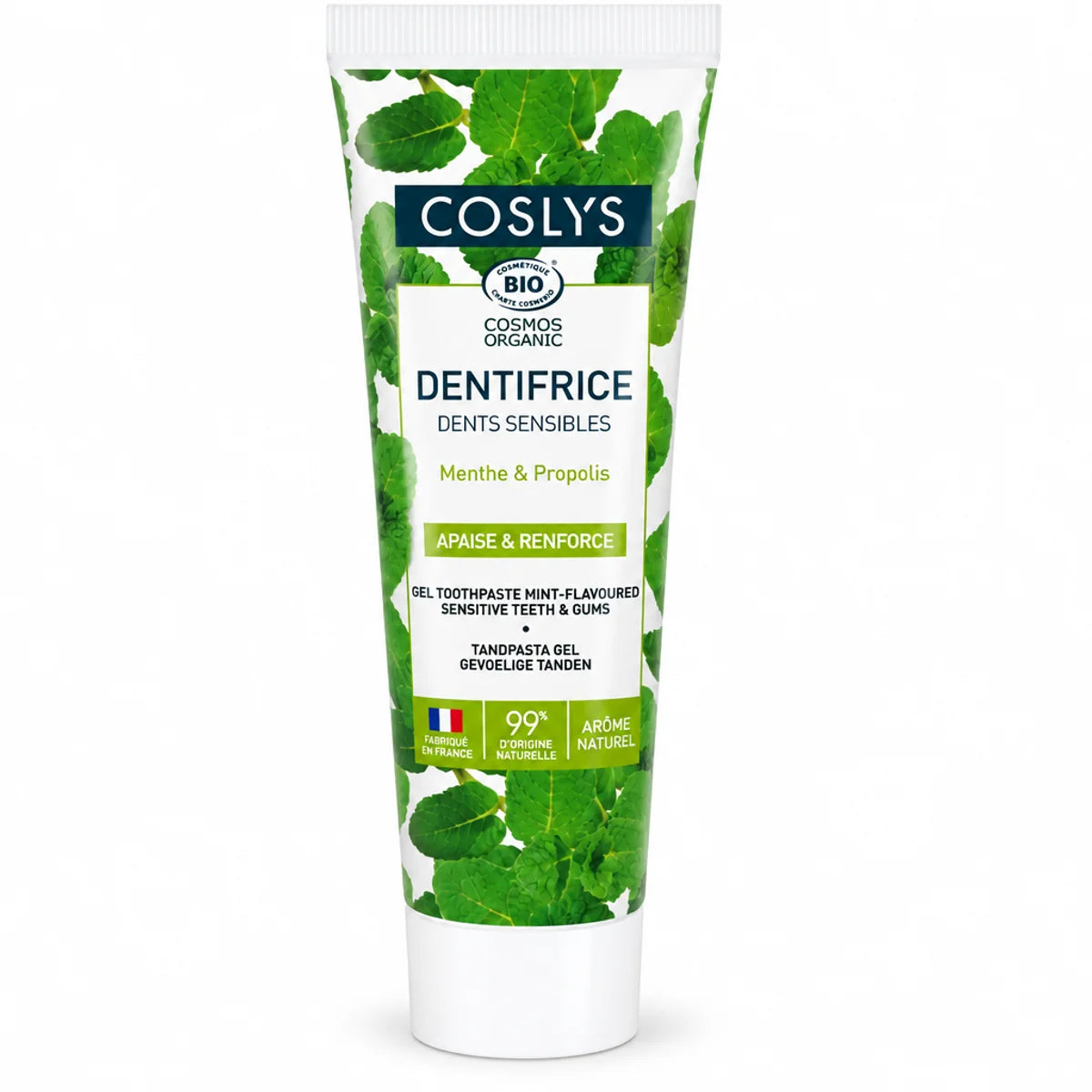Dentifrice bio Coslys 75ml dents sensibles, tube menthe et blanc avec label bleu