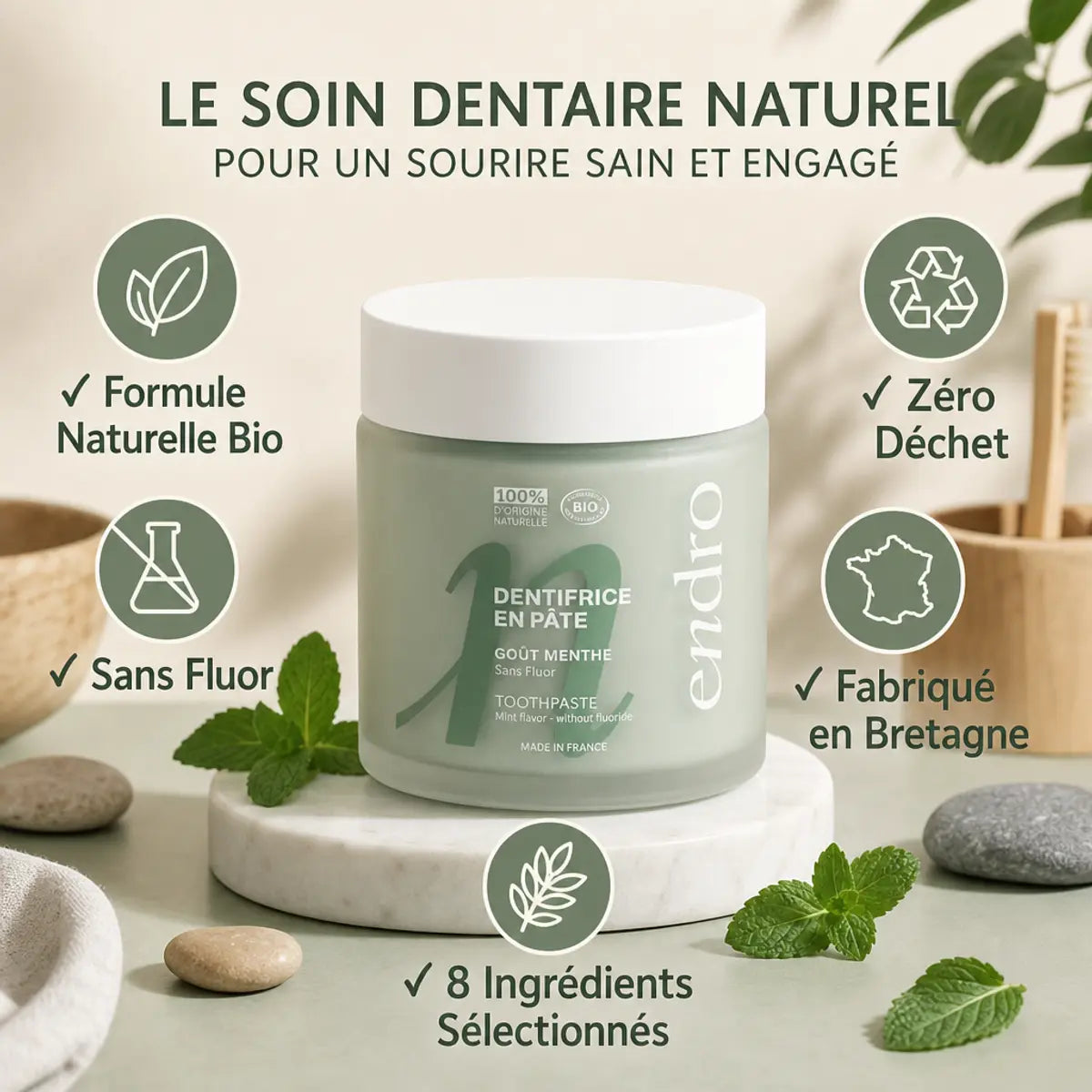 Dentifrice Endro menthe 100ml en pot verre vert - Formule bio naturelle sans fluor zéro déchet