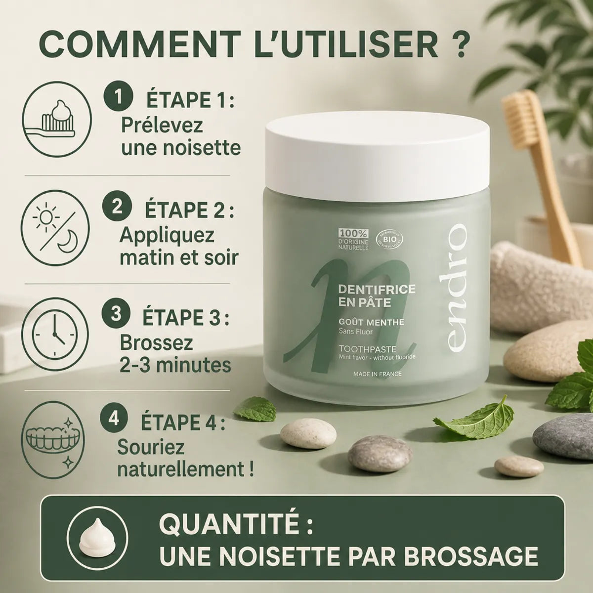 Dentifrice menthe Endro 100ml avec guide d'utilisation étapes, feuilles menthe et mode d'emploi brossage