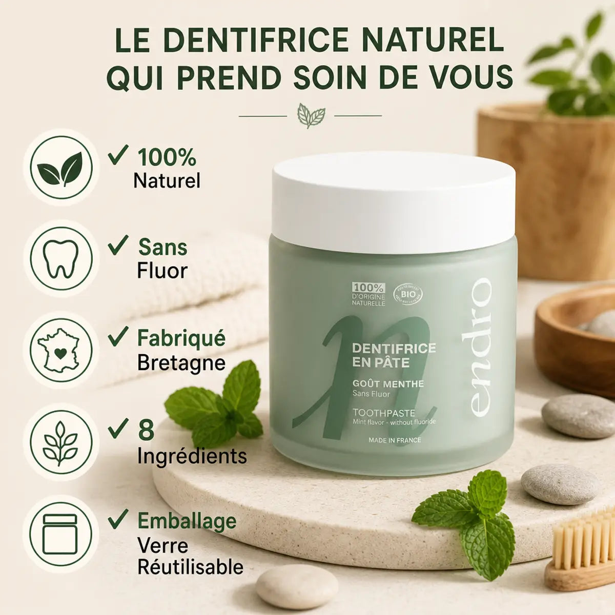 Dentifrice menthe Endro 100ml en pot verre, naturel sans fluor, fabriqué Bretagne
