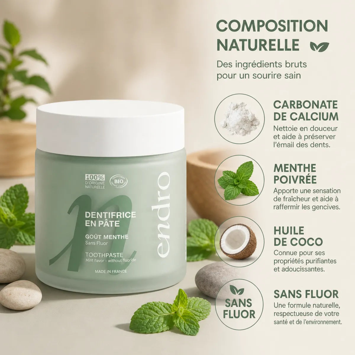 Dentifrice Endro menthe 100ml avec ingrédients naturels : carbonate de calcium, menthe poivrée, huile de coco sans fluor