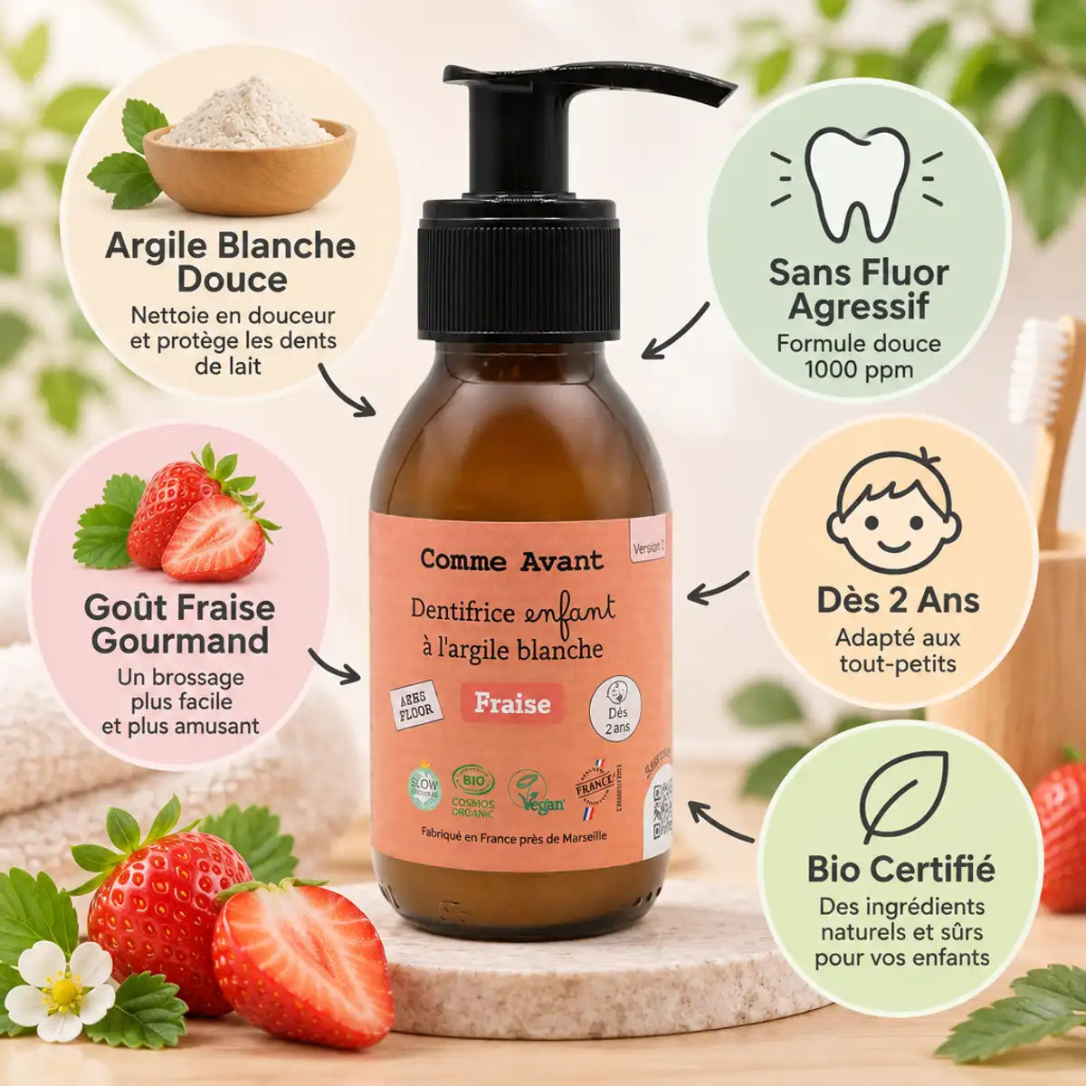 Dentifrice enfant argile blanche goût fraise Comme Avant 90ml avec bénéfices bio sans fluor agressif