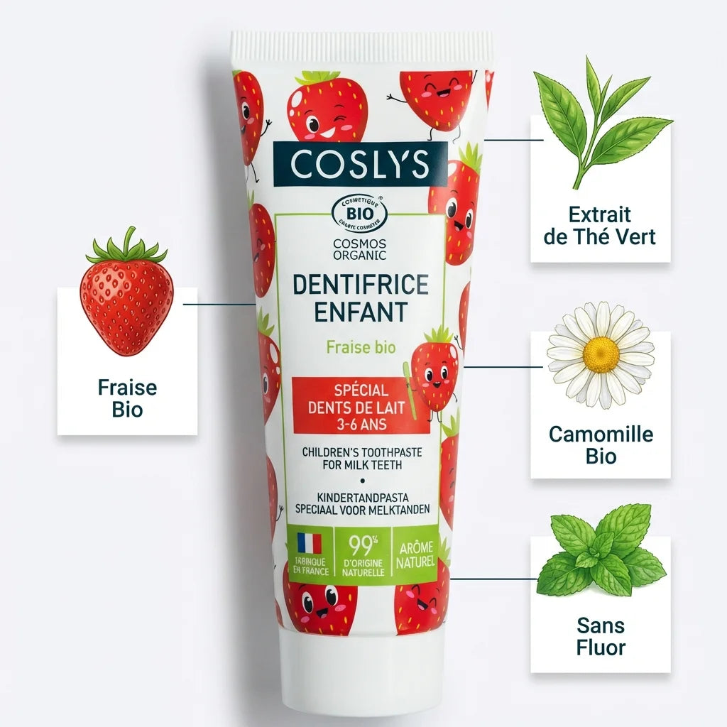 Dentifrice enfant Coslys fraise 50ml bio sans fluor avec ingrédients naturels