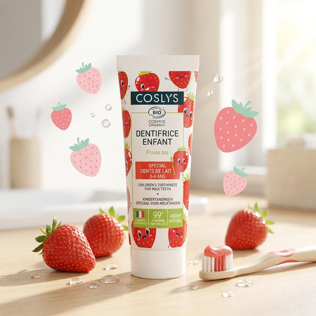 Dentifrice enfant Coslys Fraise 50ml avec emballage, brosse à dents et gouttes d'eau