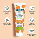 Dentifrice enfant Pêche bio Coslys 50ml avec icônes bénéfices naturels et protection caries