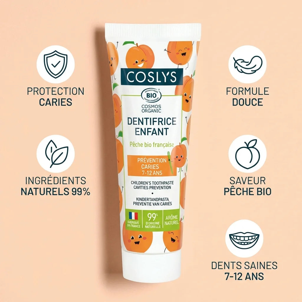 Dentifrice enfant Pêche bio Coslys 50ml avec icônes bénéfices naturels et protection caries