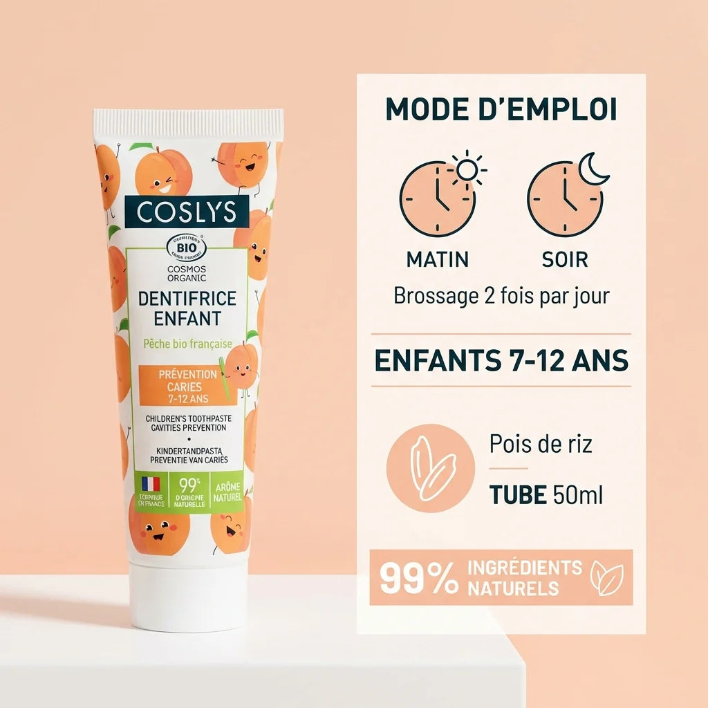 Dentifrice enfant Pêche bio Coslys 50ml - tube avec mode d'emploi et ingrédients naturels