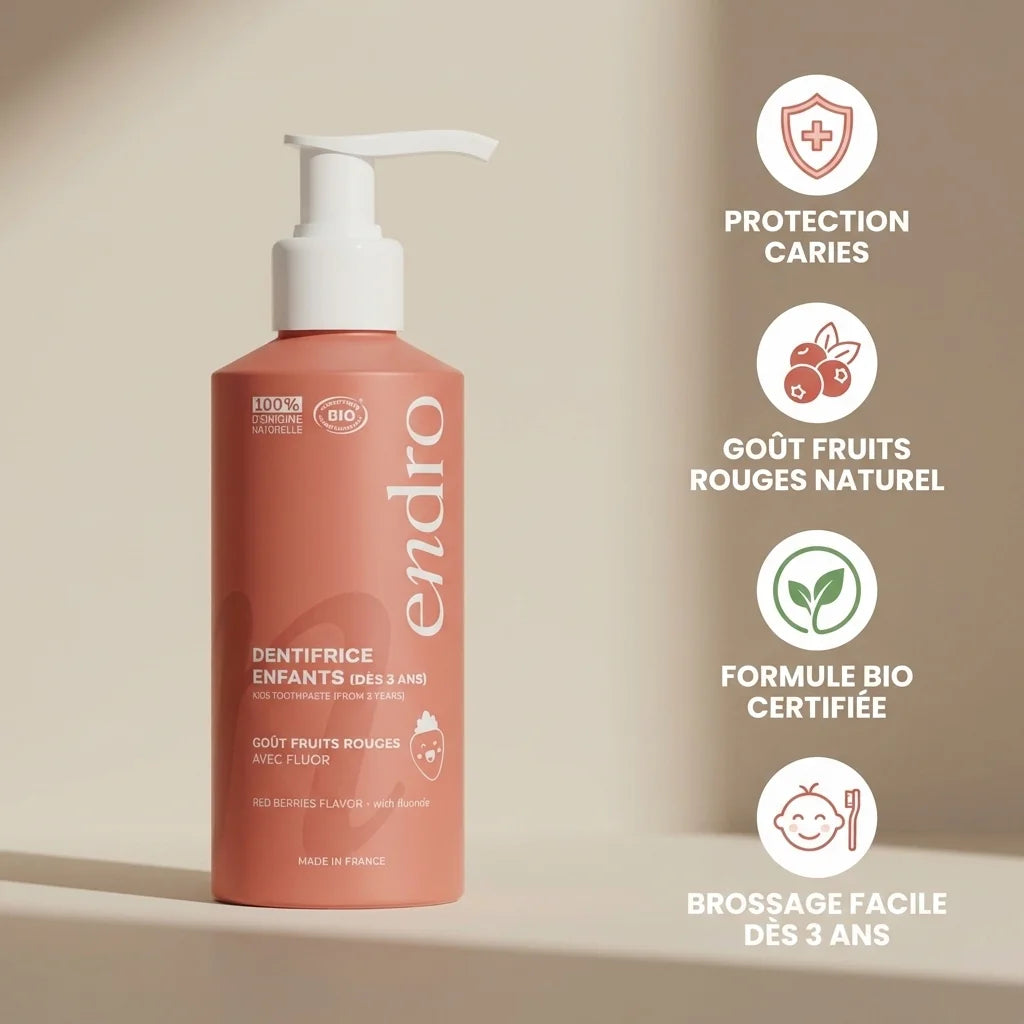 Dentifrice enfants fruits rouges Endro 175g avec bénéfices : protection caries, goût naturel, bio certifié, brossage dès 3 ans