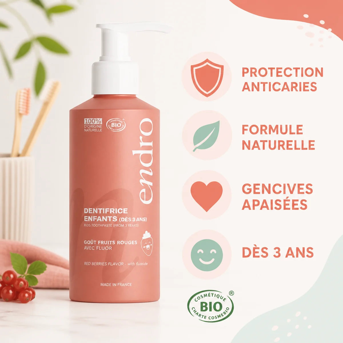 Dentifrice enfants fruits rouges Endro 175g avec bénéfices : anticaries, formule naturelle, gencives apaisées