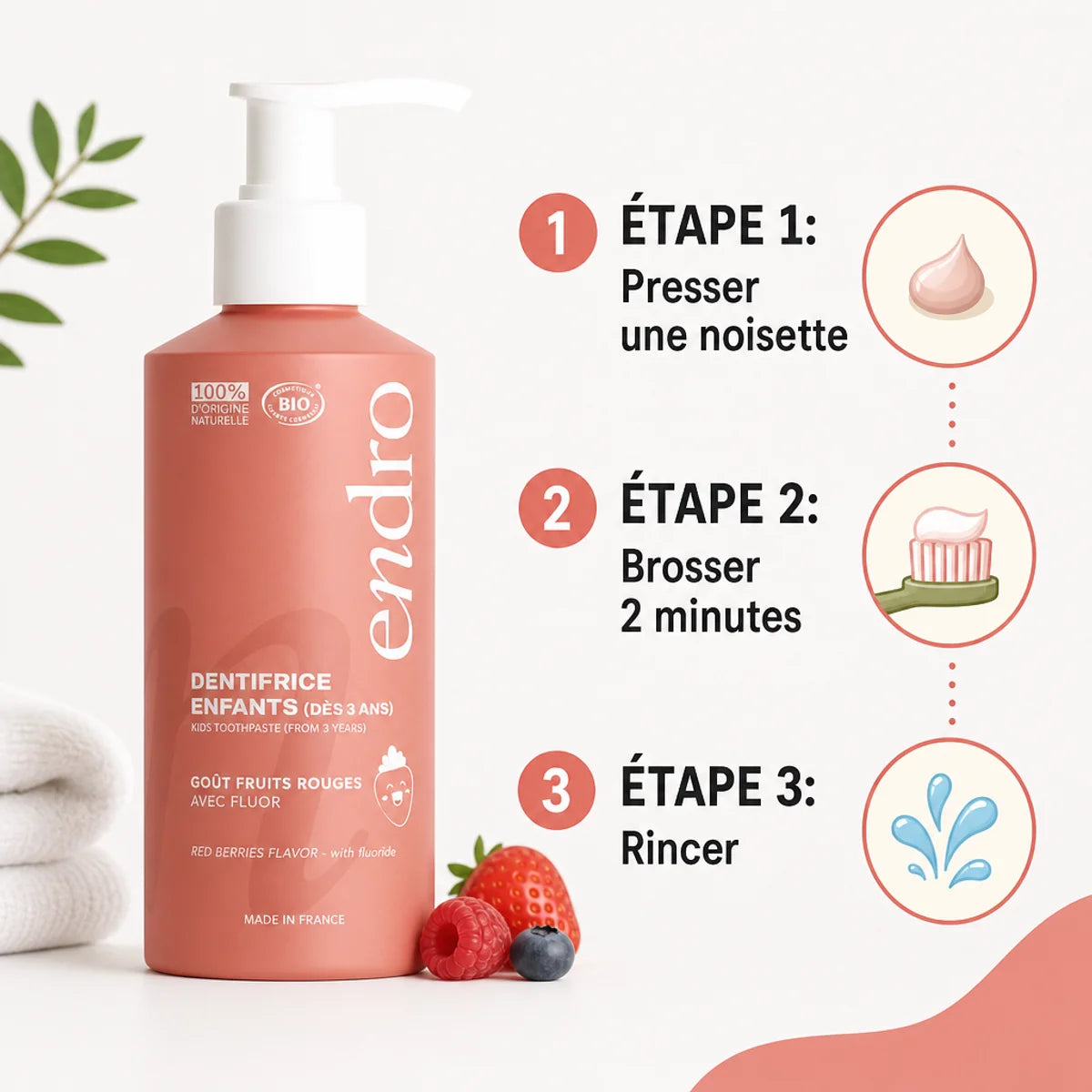 Dentifrice enfants Endro fruits rouges 175g avec guide d'utilisation en 3 étapes de brossage