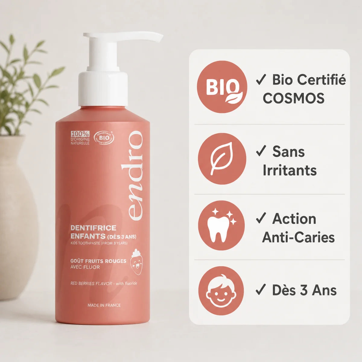 Dentifrice enfants fruits rouges Endro 175g bio certifié, sans irritants, action anti-caries dès 3 ans