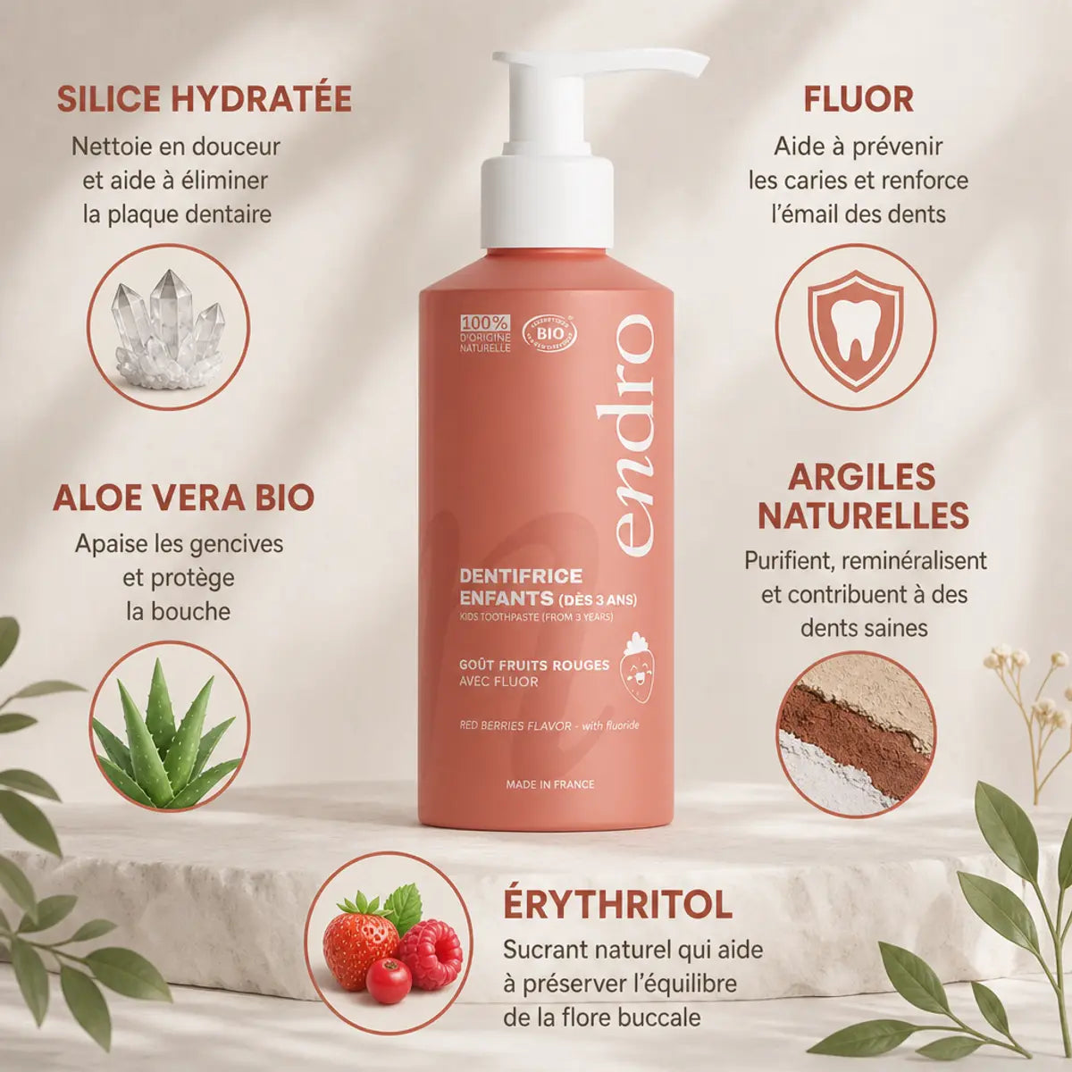 Dentifrice enfants fruits rouges Endro 175g avec ingrédients naturels : fluor, silice, aloe vera et argiles