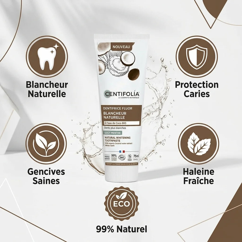 Dentifrice Fluor Blancheur Naturelle Centifolia 75ml avec icônes avantages sur fond blanc