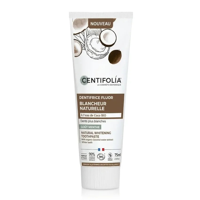 Dentifrice Fluor Blancheur Naturelle Centifolia 75ml tube packaging blanc et marron sur fond blanc