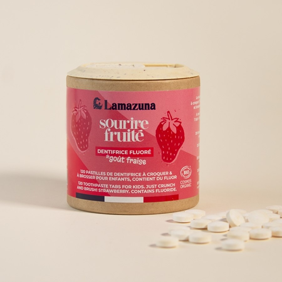 Dentifrice fluoré à croquer et à brosser à la fraise pour enfants de la marque Lamazuna