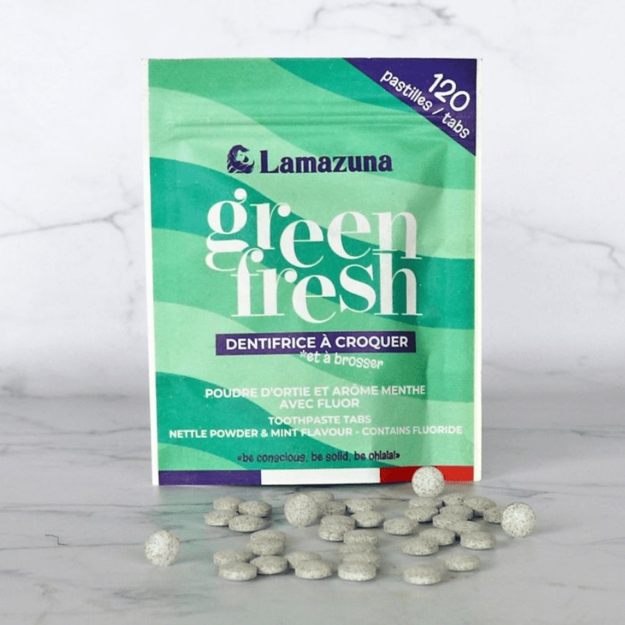 Dentifrice à croquer à la poudre d'ortie et arôme de menthe avec fluor de la marque Lamazuna