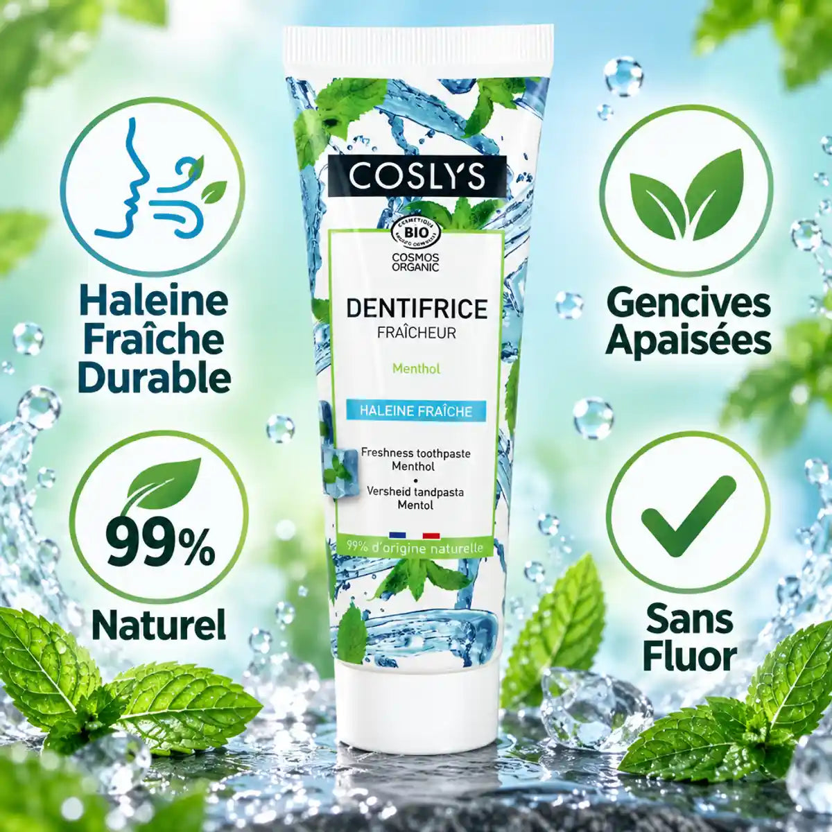 Dentifrice fraicheur Menthol Coslys 75ml avec bénéfices naturels et sans fluor